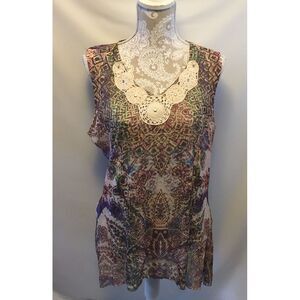 Style & Co. Top Women's Size M Sleeveless Bohemian Crochet Neck Shark-bite Hem‎